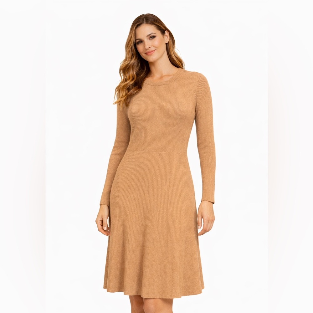 EUC Saks Fifth Avenue Size Small Elegant Tan Knit Ribbed Dress